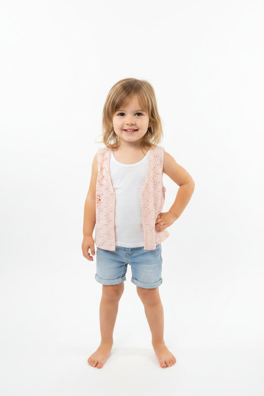 Gilet rose sans manche avec fleurs brodé