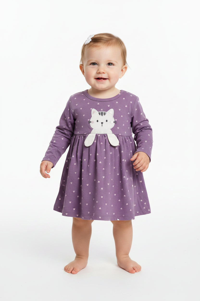 Robe mauve petits coeurs rose avec Chaton 3D