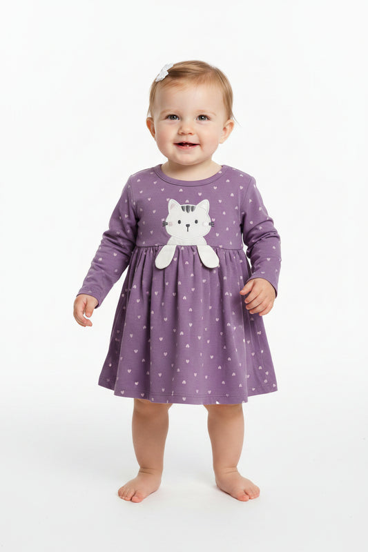 Robe mauve petits coeurs rose avec Chaton 3D