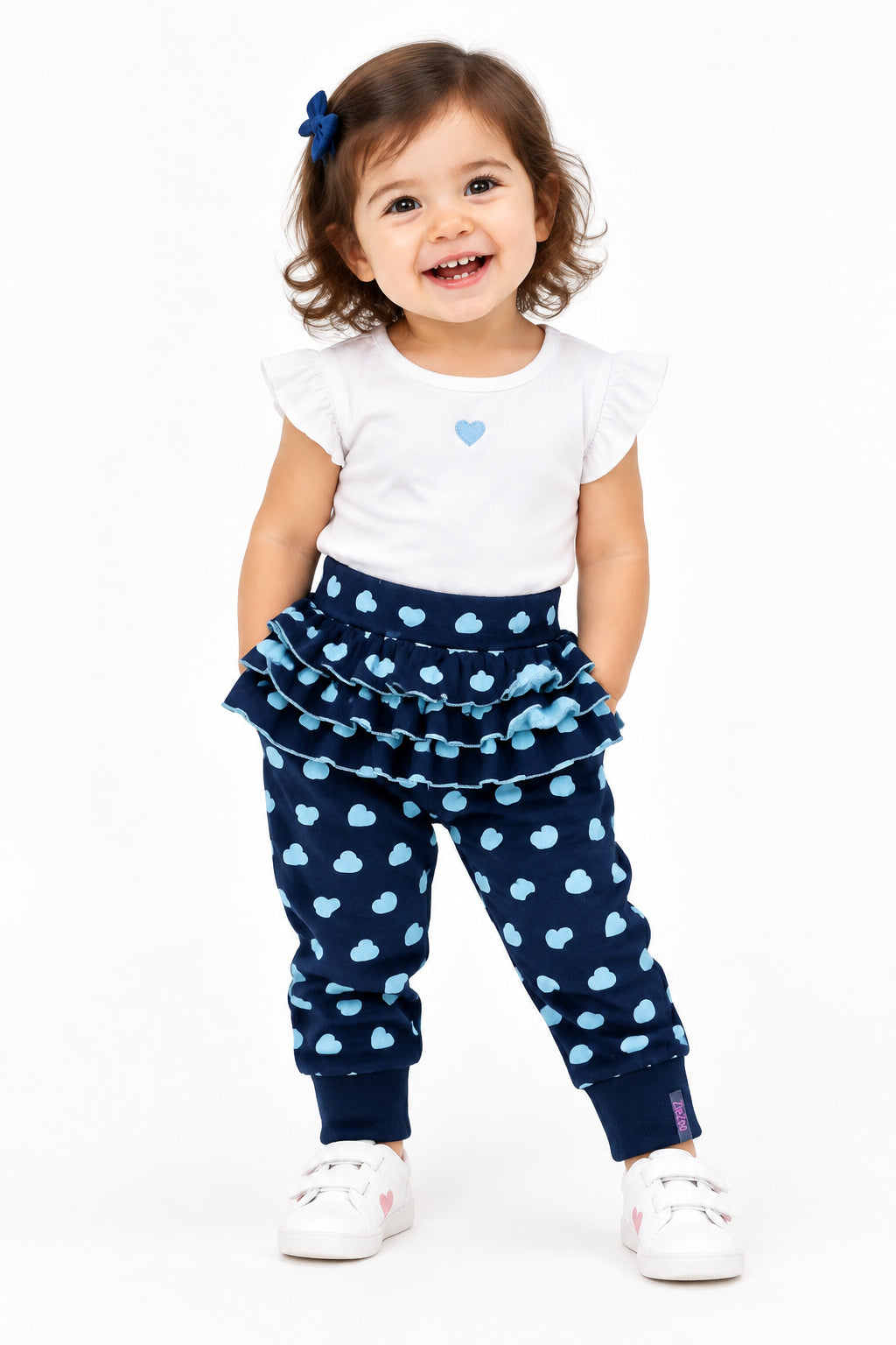 Pantalon avec style jupette bleu marin coeur bleu pâle