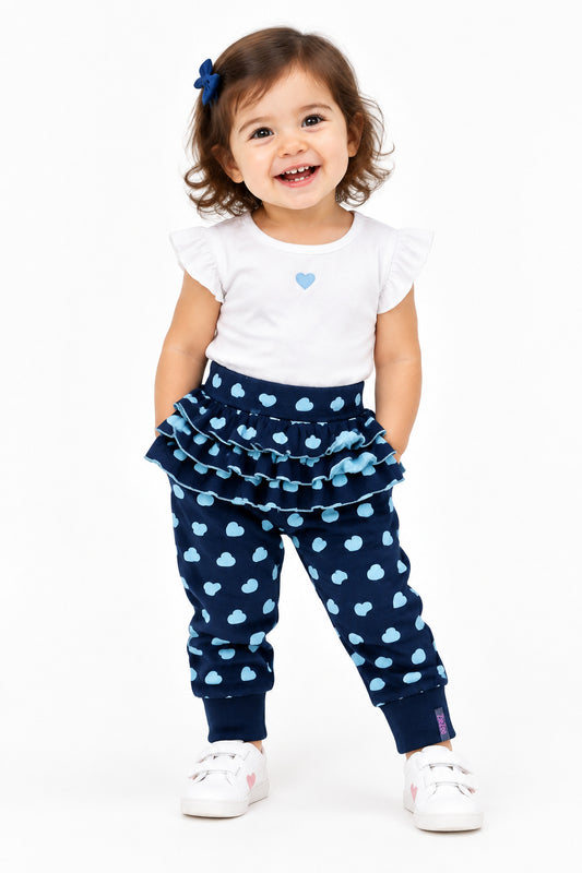 Pantalon avec style jupette bleu marin coeur bleu pâle