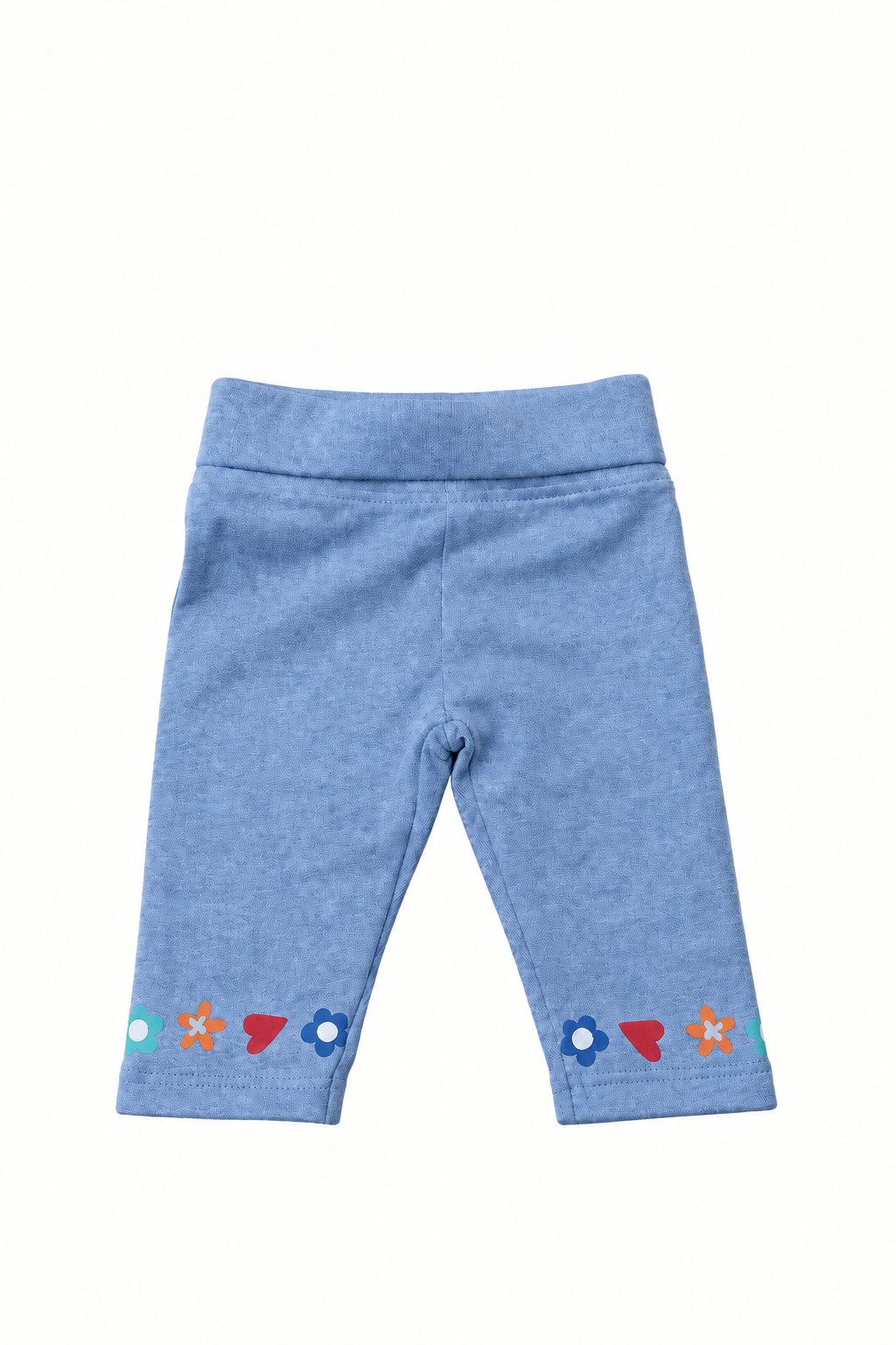 Pantalon bleu doux imprimé fleurs et coeurs au bas