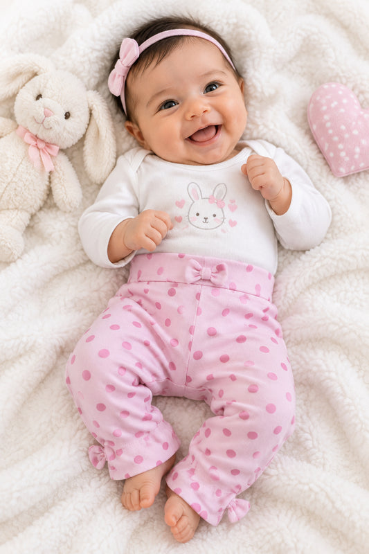 Pantalon rose pâle, pois plus foncé et boucle a la cheville