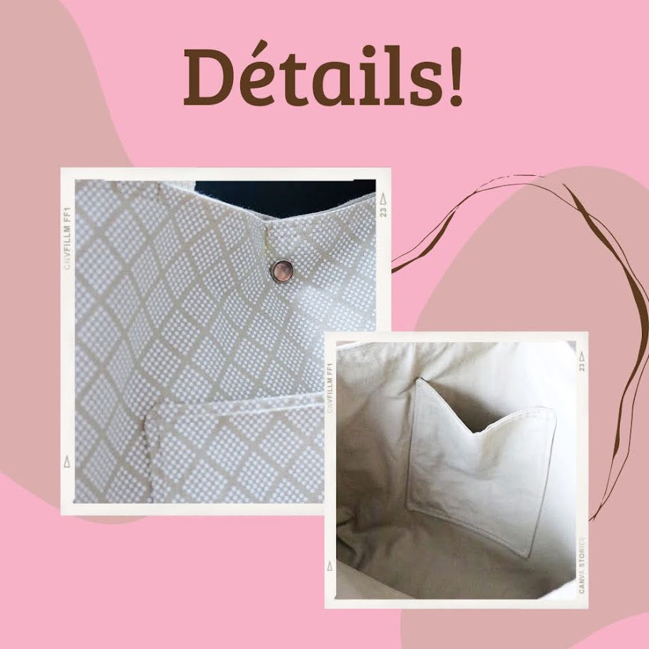 Sac cabas beige design losange blanc, extra large, avec poche sur le devant - Jolï
