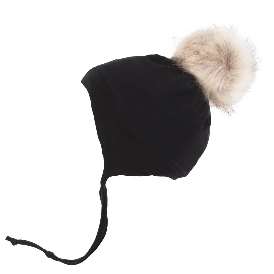 Tuque jersey unie noire avec pompon