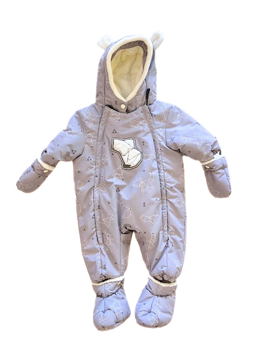 Manteau une pièce coquille avec mitaines et bottine, imprimé origami sur fond gris