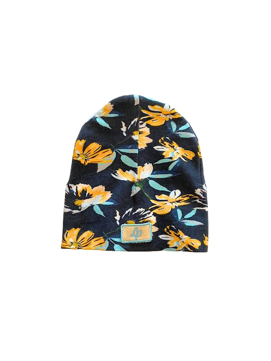 Tuque d'automne bleu marin imprimé de fleur jaune