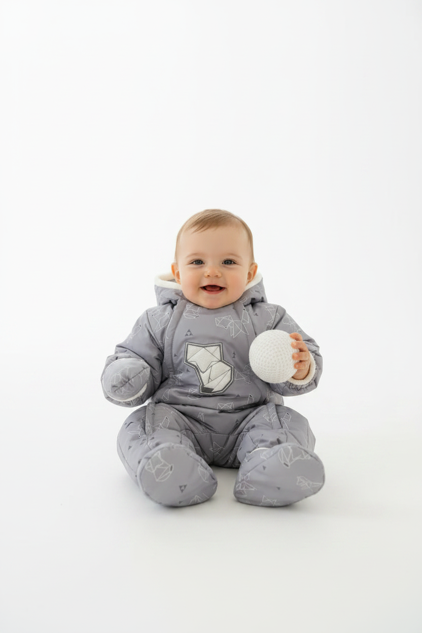 Manteau une pièce coquille avec mitaines et bottine, imprimé origami sur fond gris