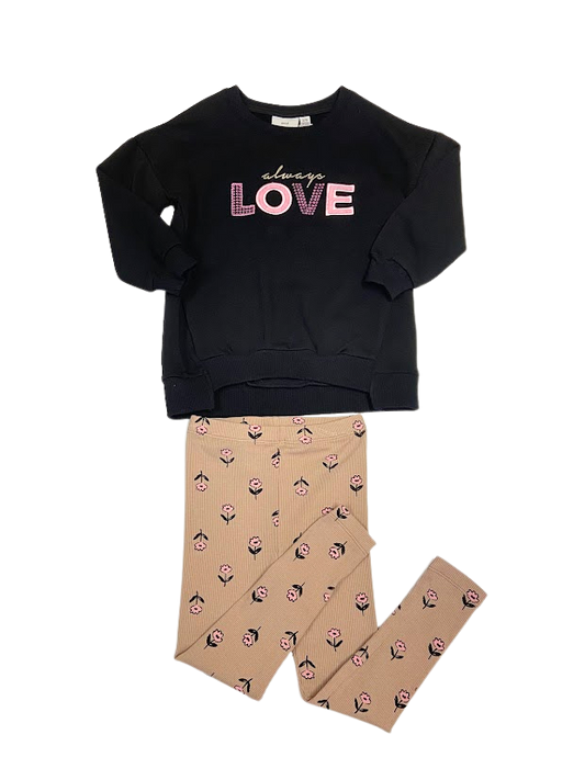 Ensemble coton ouaté noir et legging beige fleuri