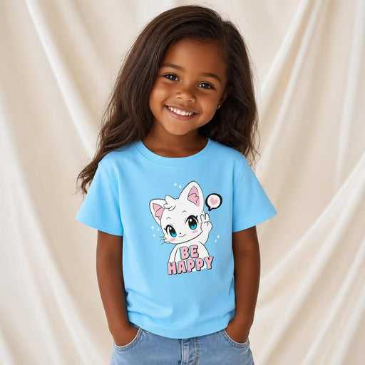 Chandail Manche Courte Chat Blanc Be Happy Bleu