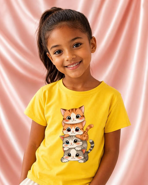 Chandail Manche Courte Mignon Chatons - Modèle Jaune