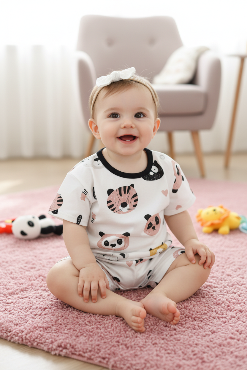 Bébé fille avec lulu sur tapis rosé