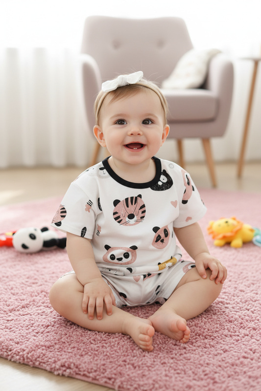 Bébé fille avec lulu sur tapis rosé