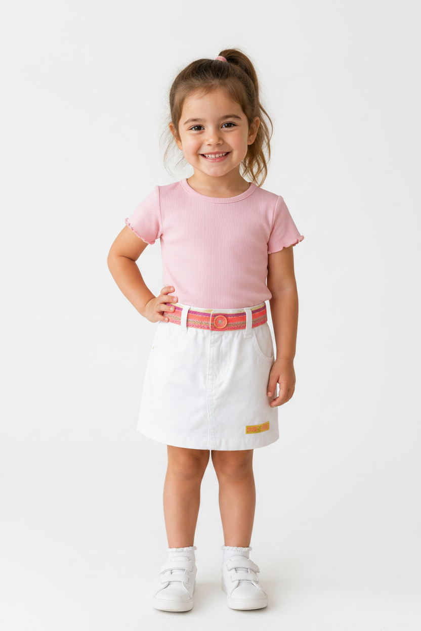 Jupe blanche à taille arc‑en‑ciel