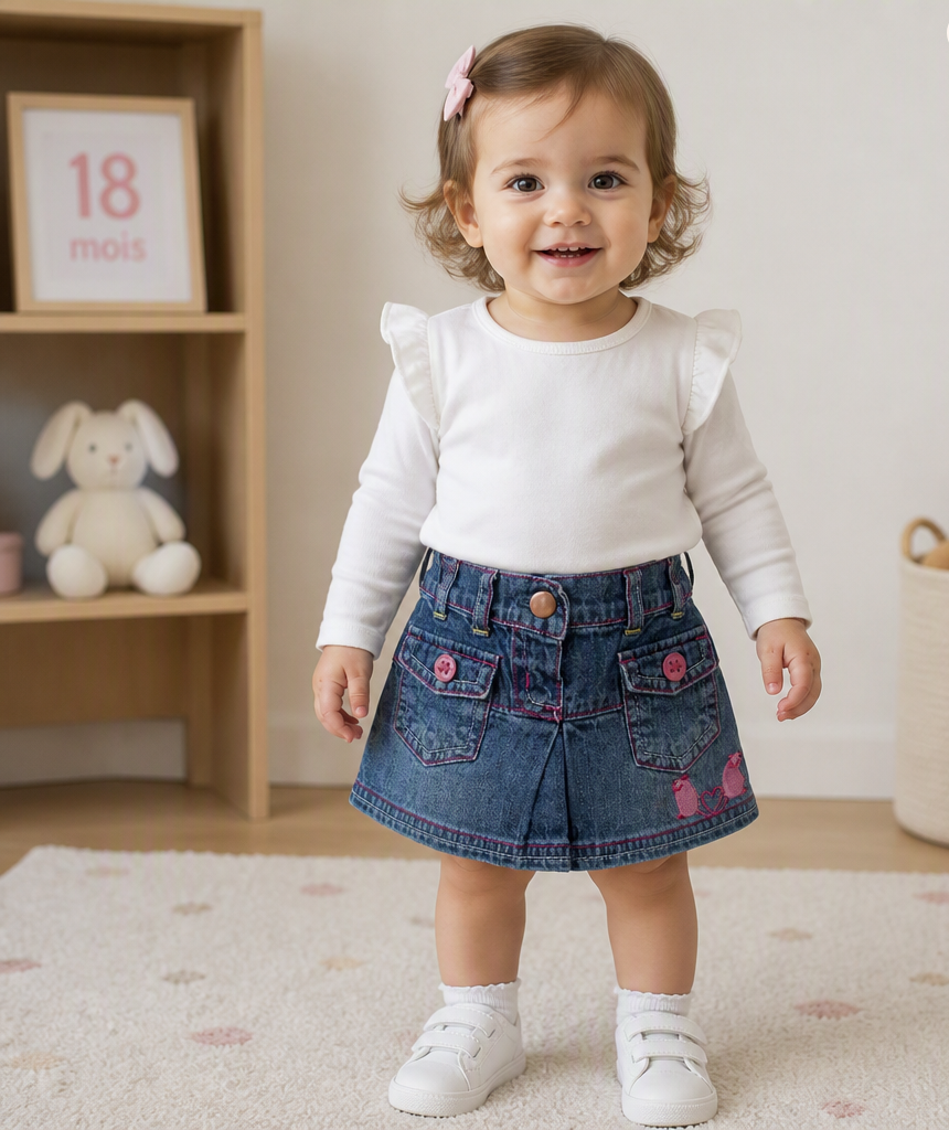 Jupe en denim fille- Motif souris font un cœur