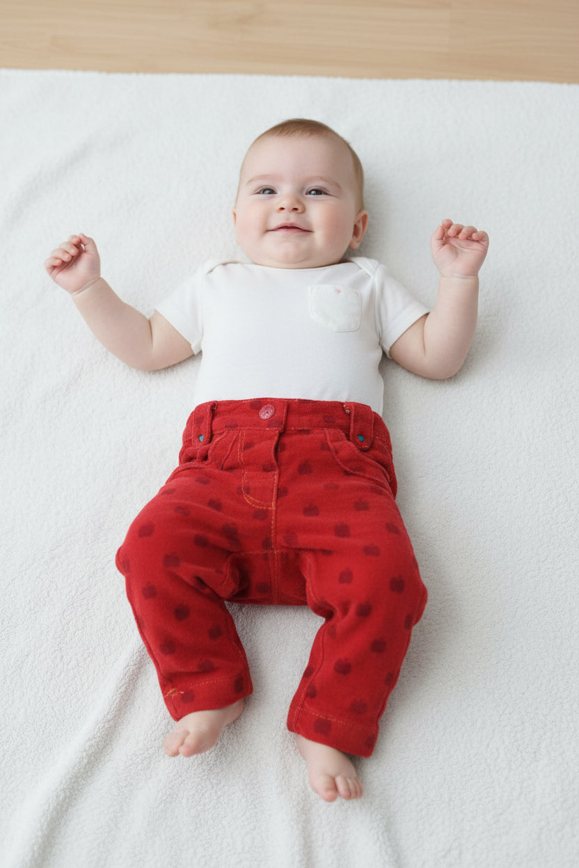 Pantalon Corde-du- Roy Rouge- motif Pomme