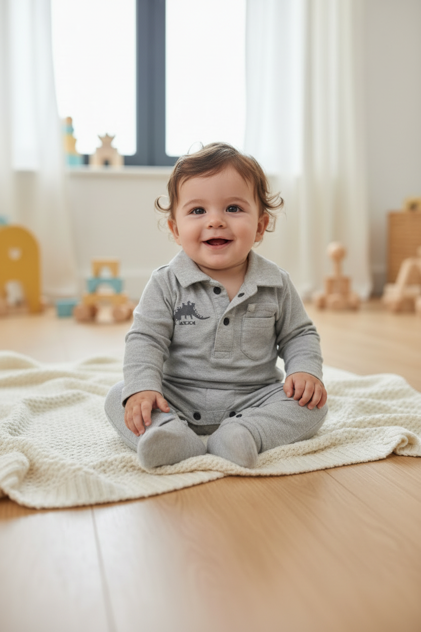 Polo Gris motif petit Dino et poche