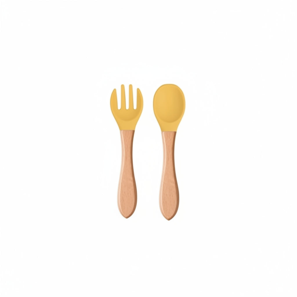 Duo Cuillère & fourchette, Silicone et manche en Bambou