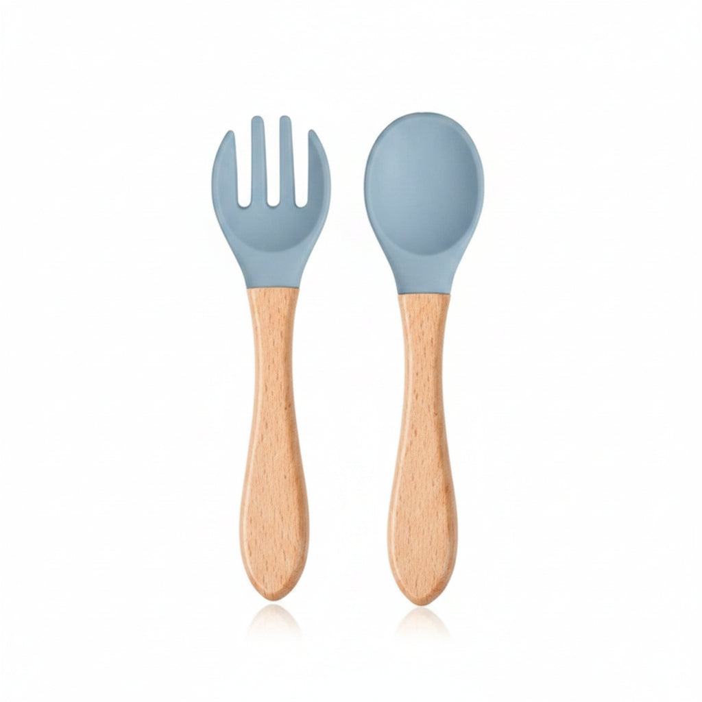 Duo Cuillère & fourchette, Silicone et manche en Bambou