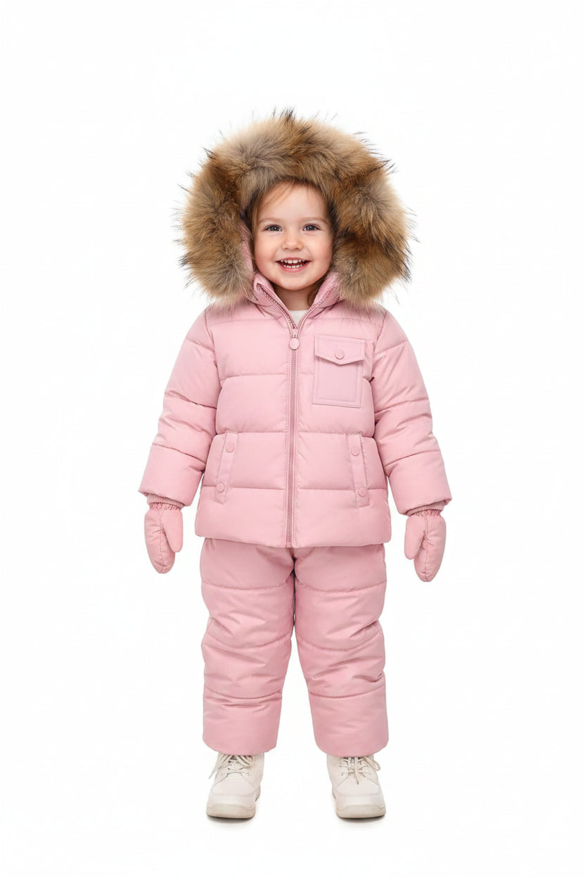 Habit de neige matelassé avec capuchon à fourrure d'oie - Rose