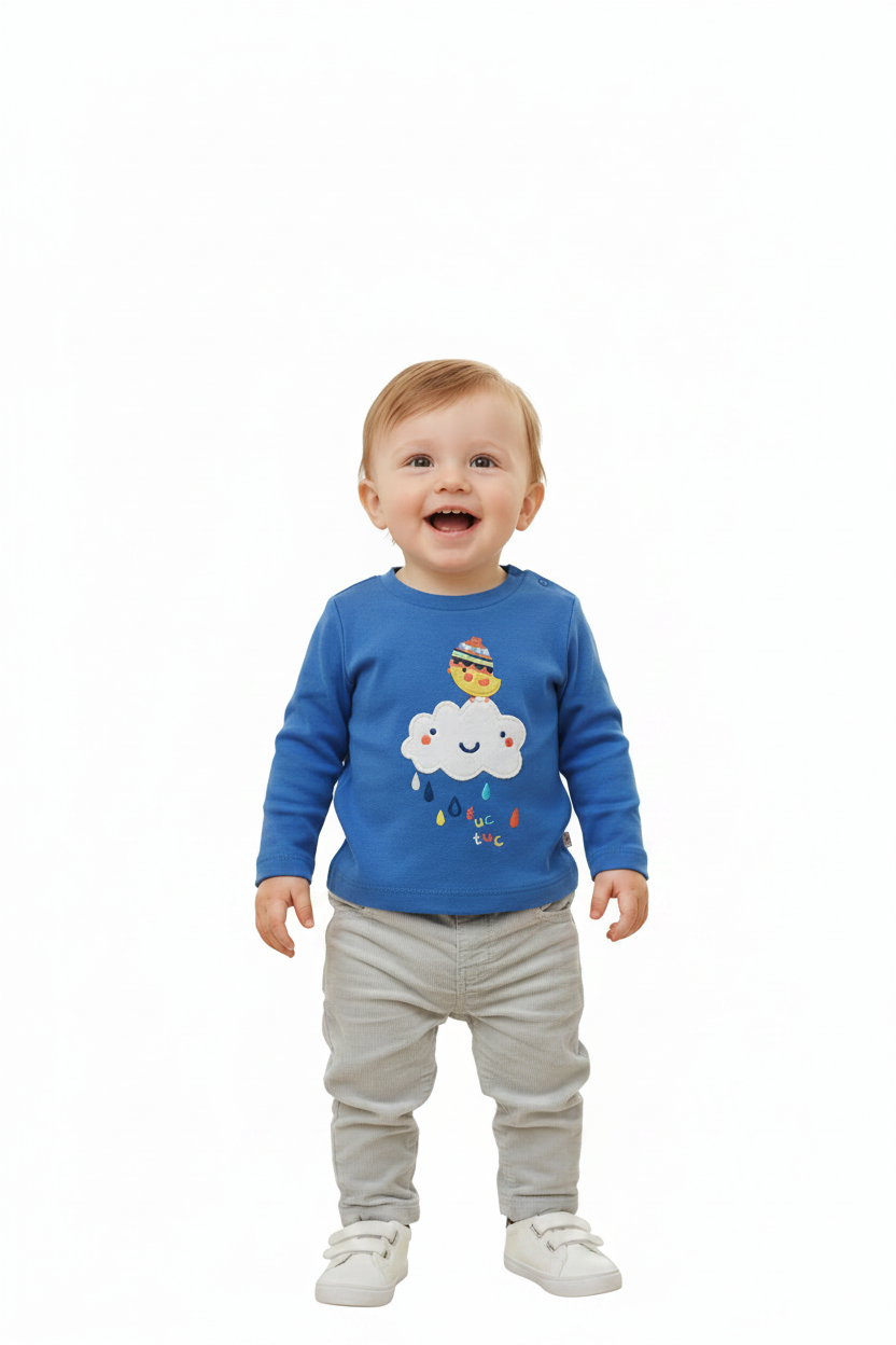 Chandail bleu – Nuage joyeux & pluie colorée