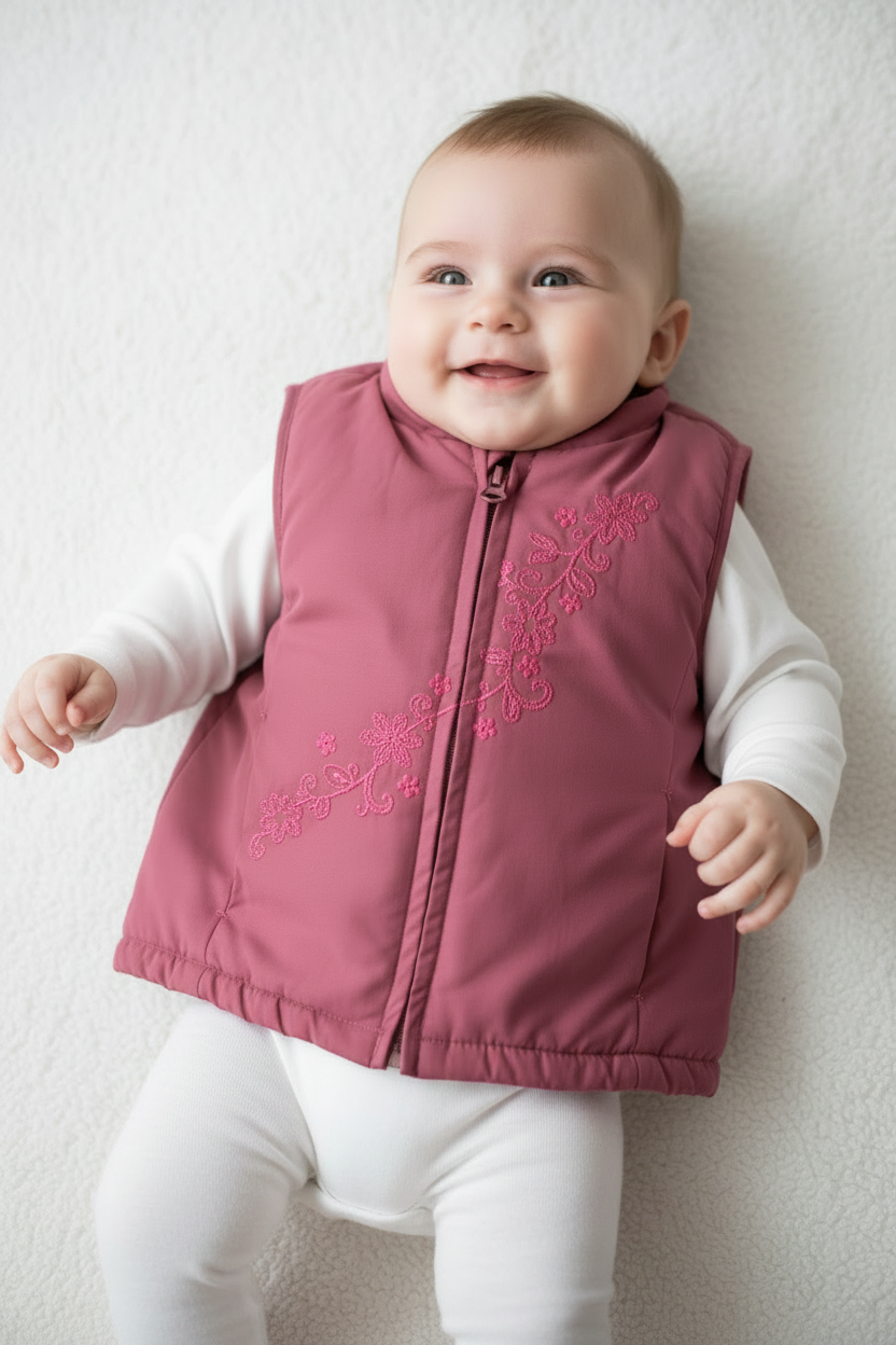 Doudoune Bourgogne - Broderie fleurs Rose