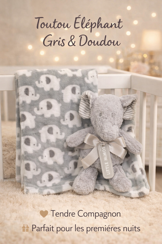Couverture pour Bébé Little Mimos avec Peluche -Modèle Éléphant Gris