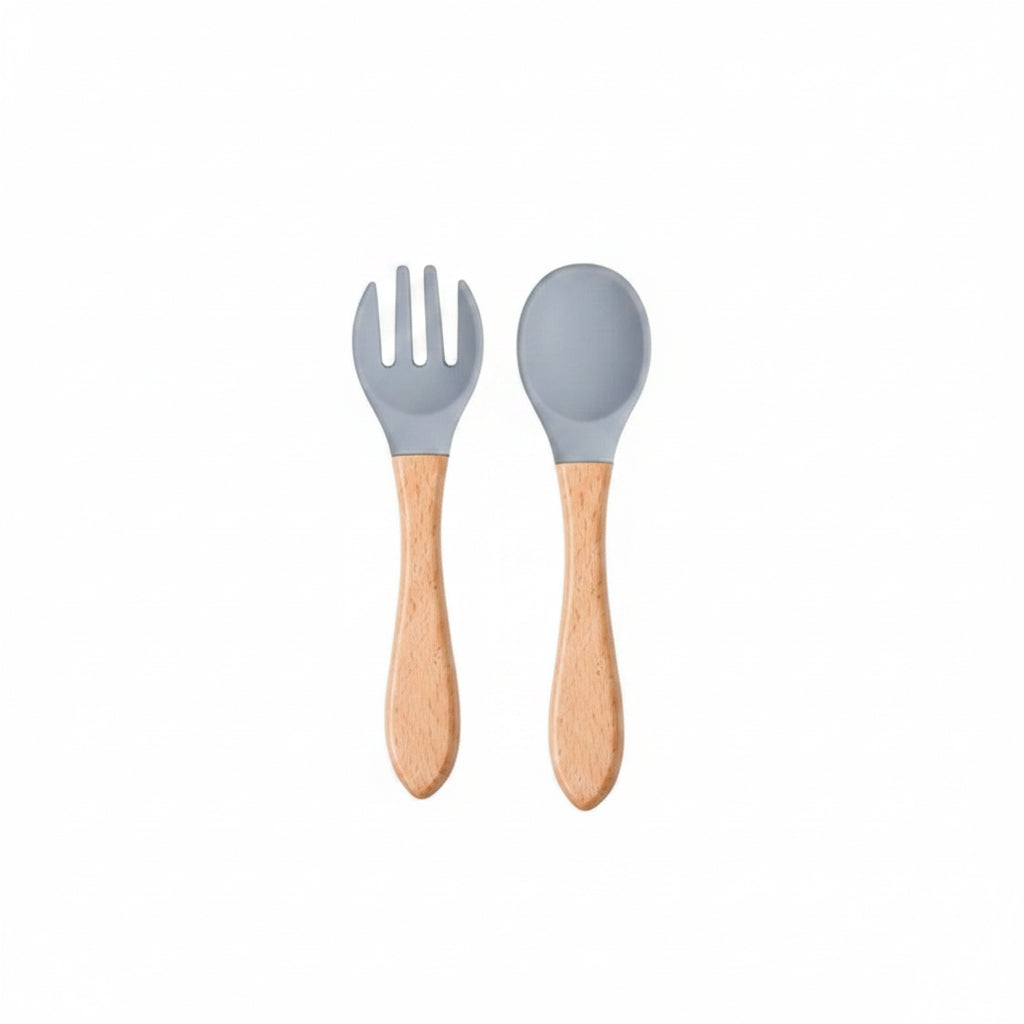 Duo Cuillère & fourchette, Silicone et manche en Bambou
