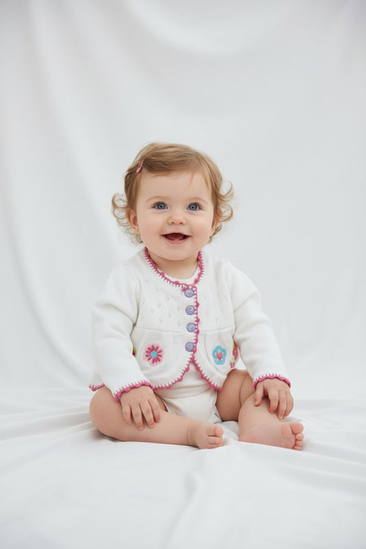 Veste bébé en tricot et broderie – douceur & charme