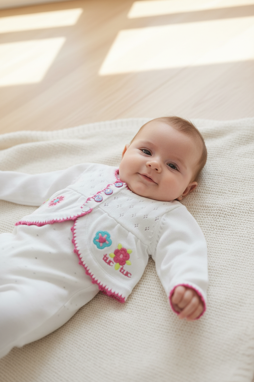 Veste bébé en tricot et broderie – douceur & charme