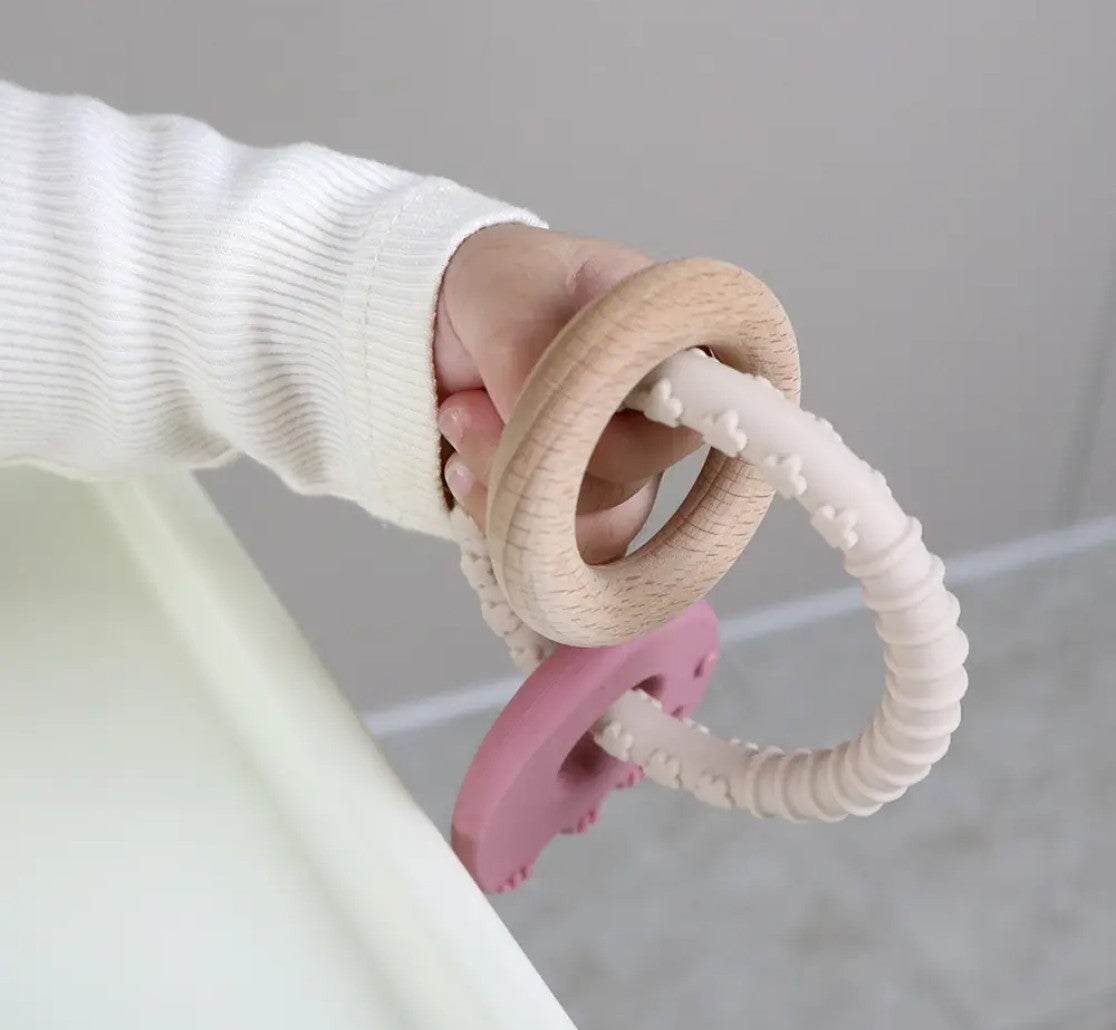 Anneaux de dentition Wander en Silicone et Bois Naturel - Éléphant Rose