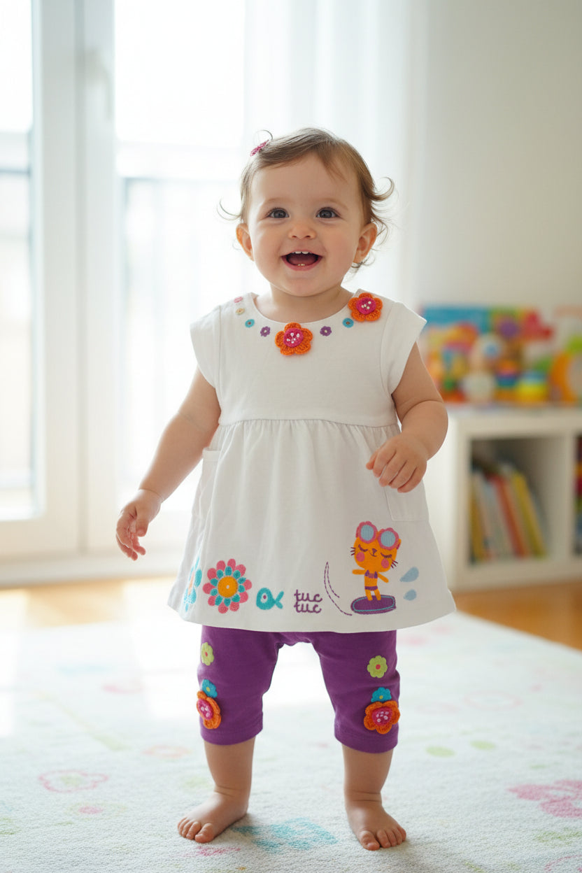 Ensemble 2 pièces Petites Blouse et Pantalon Mauve Fleurs 3D