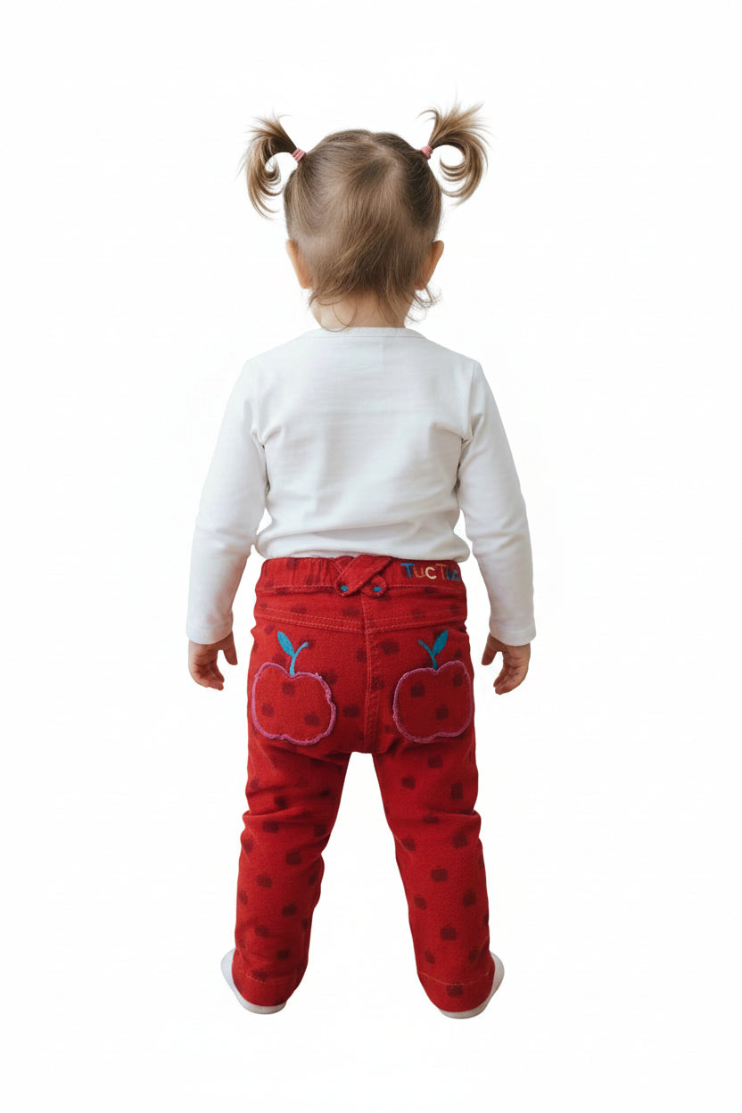 Pantalon Corde-du- Roy Rouge- motif Pomme
