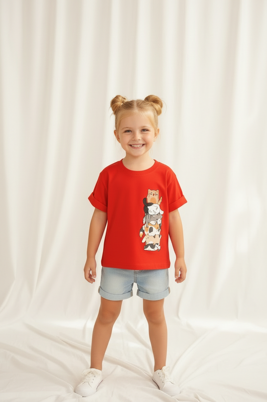 T-shirt Décontracté montagne de chatons - Rouge