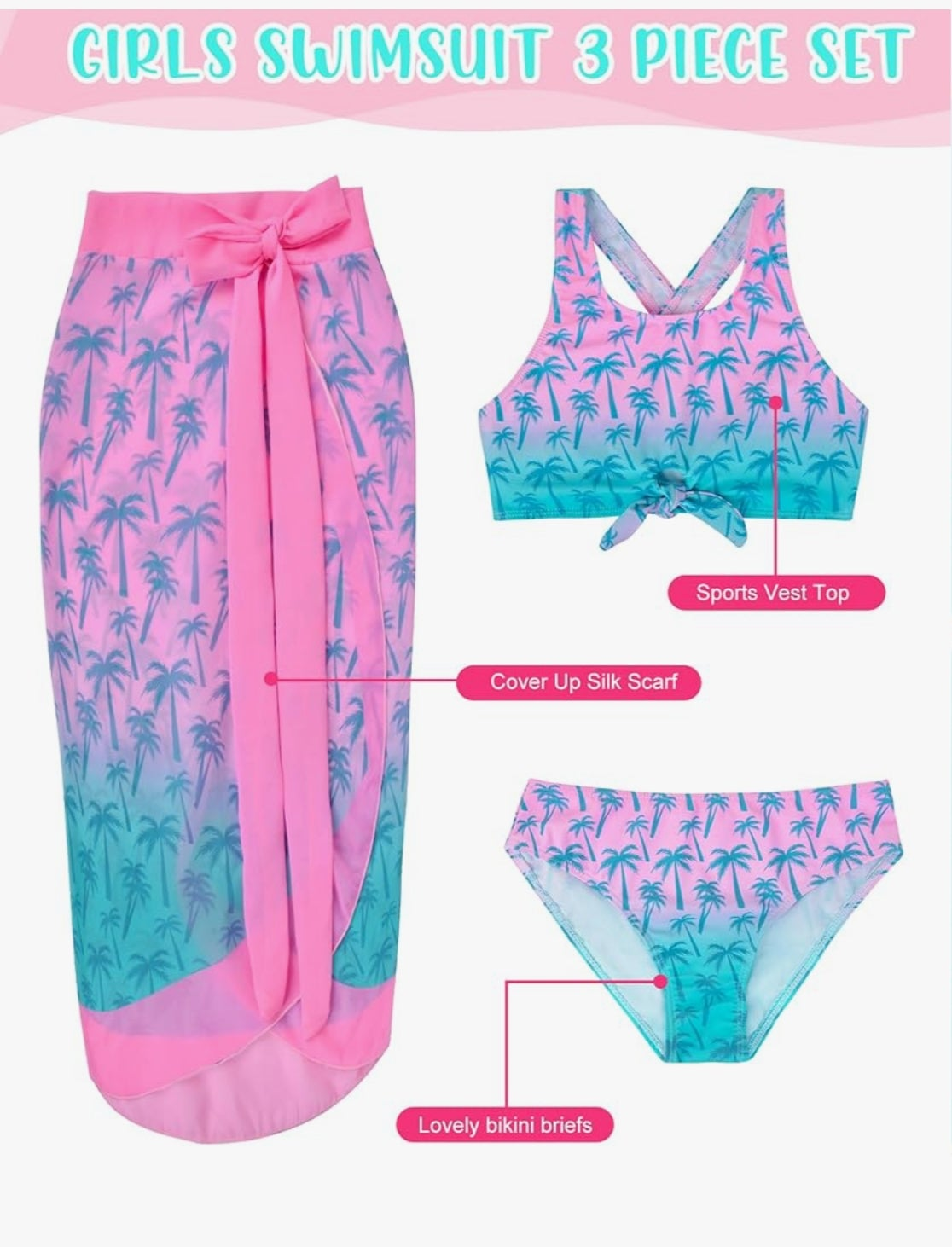 Maillot de Bain 3 pièces Top et Culotte de Bikini + Paréo