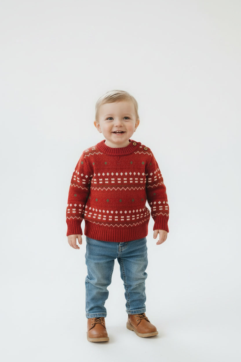 Pull rouge en maille – motif hivernal