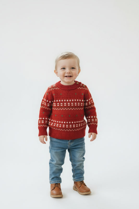 Pull rouge en maille – motif hivernal