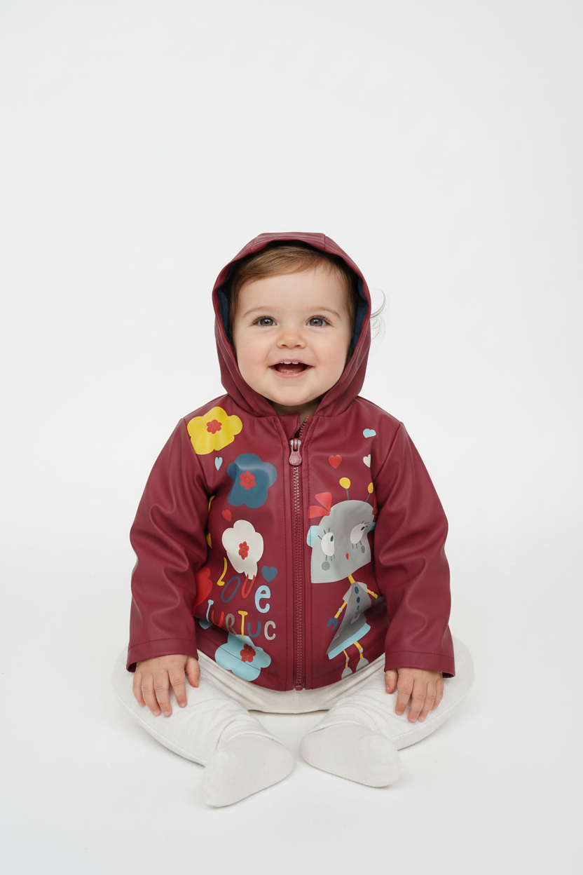 Manteau mi‑saison imperméable – motif fleurs & petit robot fille
