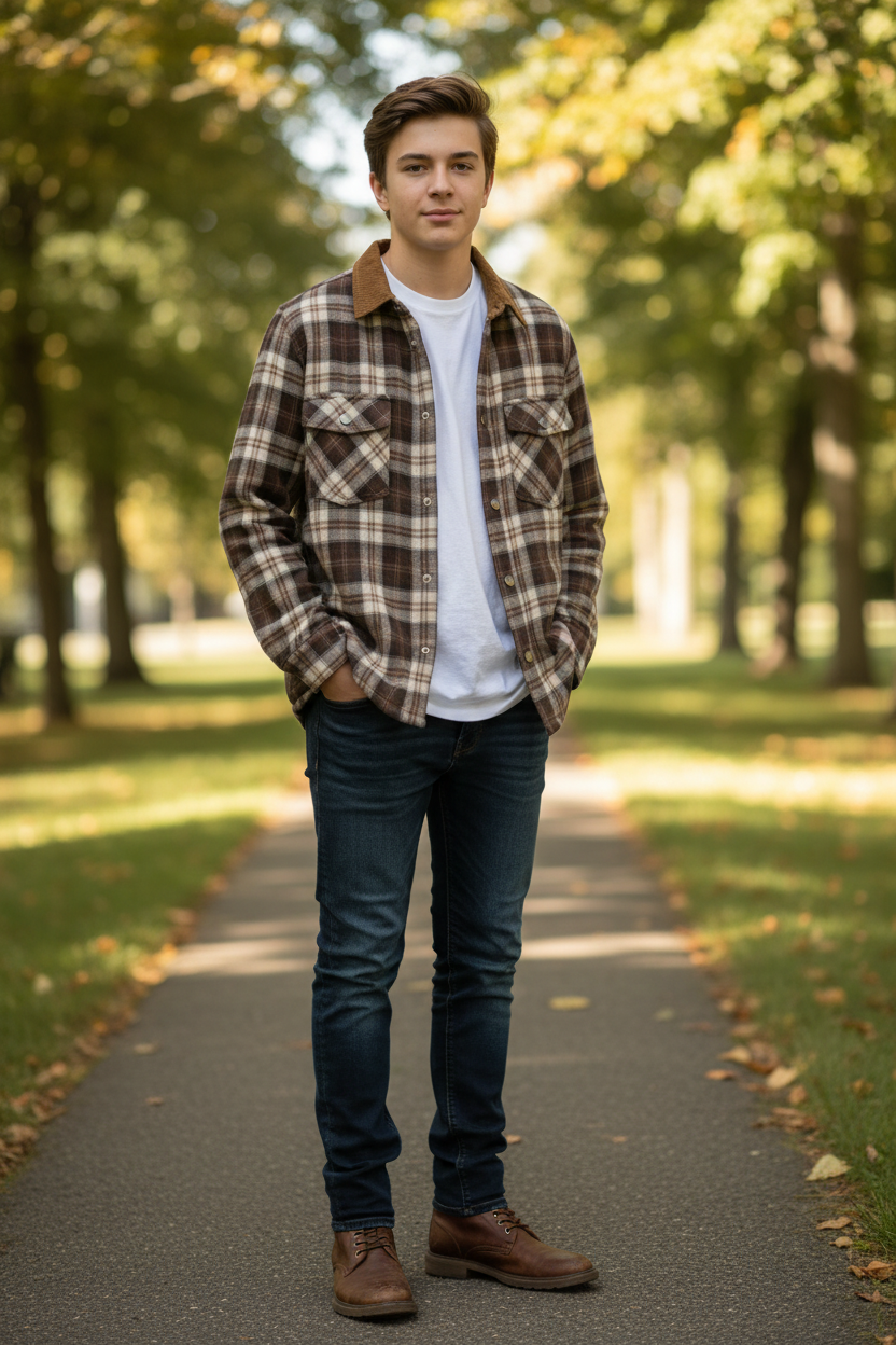 Veste à Carreaux Brun Flanelle et Sherpa