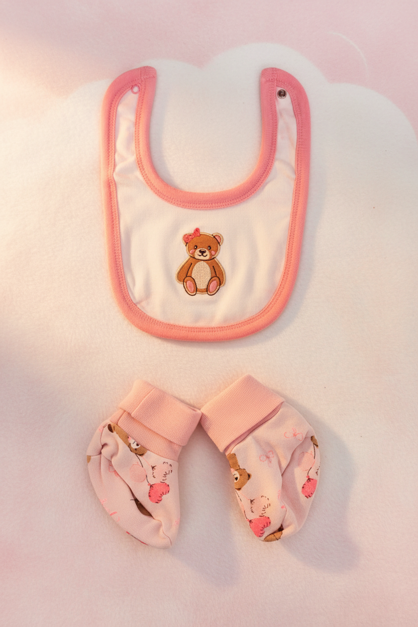 Ensemble Bavette & Pantoufles Rose Ourson