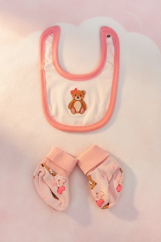 Ensemble Bavette & Pantoufles Rose Ourson