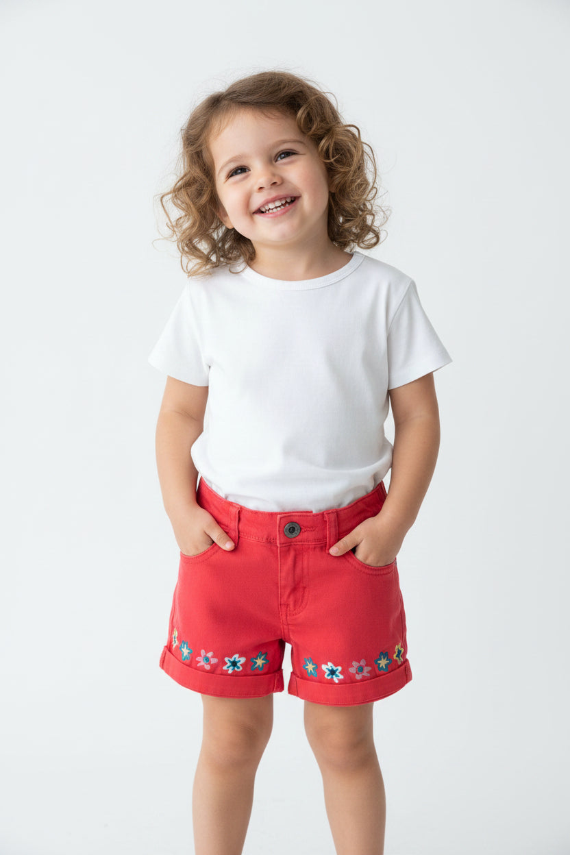 Short en jeans rouge et fleurs brodés