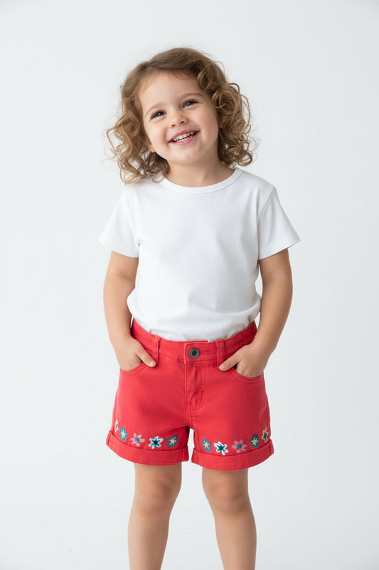 Short en jeans rouge et fleurs brodés