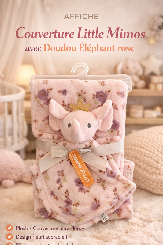 Couverture Little Mimos avec Doudou Éléphant Rose