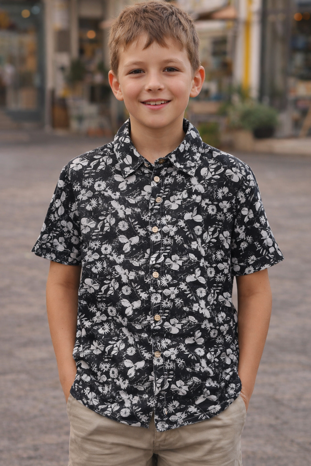 Chemise Noire avec Fleure Blanche Délicate