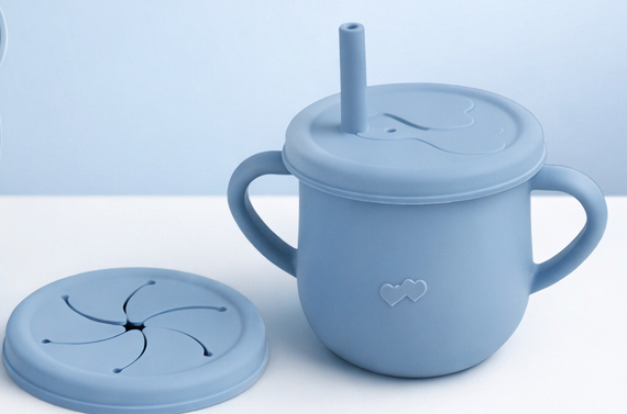 Gobelet / Bol a collation + Couvert avec paille + Couvert à pétales, Anti-Dégat,( 3 en 1) en Silicone / Boutique Frimousse