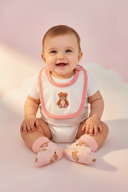 Ensemble Bavette & Pantoufles Rose Ourson