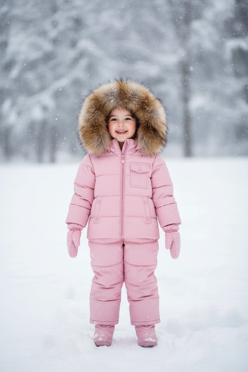 Habit de neige matelassé avec capuchon à fourrure d'oie - Rose
