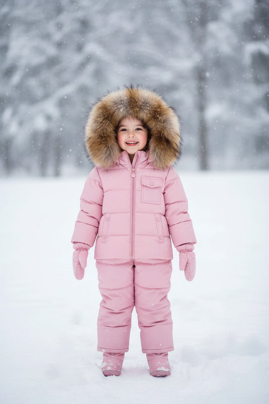 Habit de neige matelassé avec capuchon à fourrure d'oie - Rose