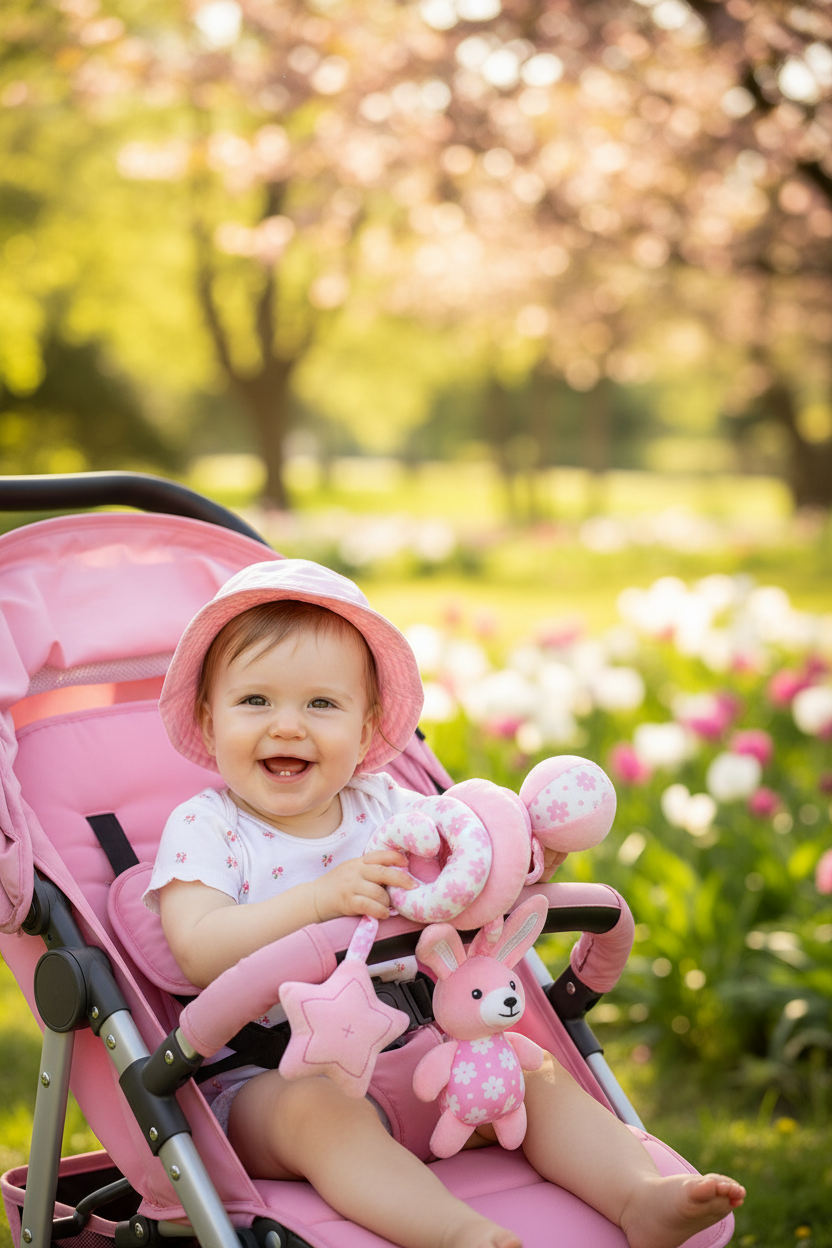 Jouet spirale bébé – Lapin rose & étoiles